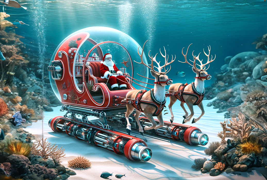 Artists impression of Santa's amphibious sleigh